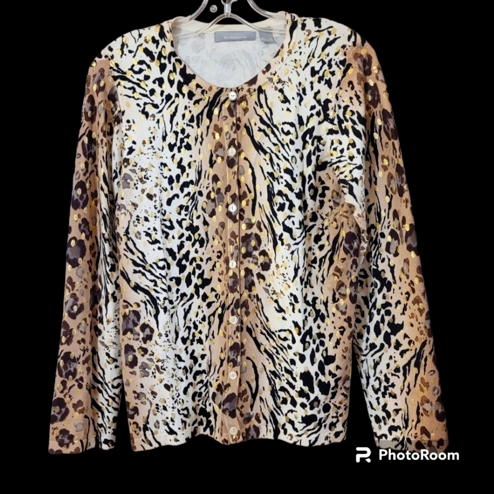 Liz Claiborne animal print metallic detail crewneck button front cardigan